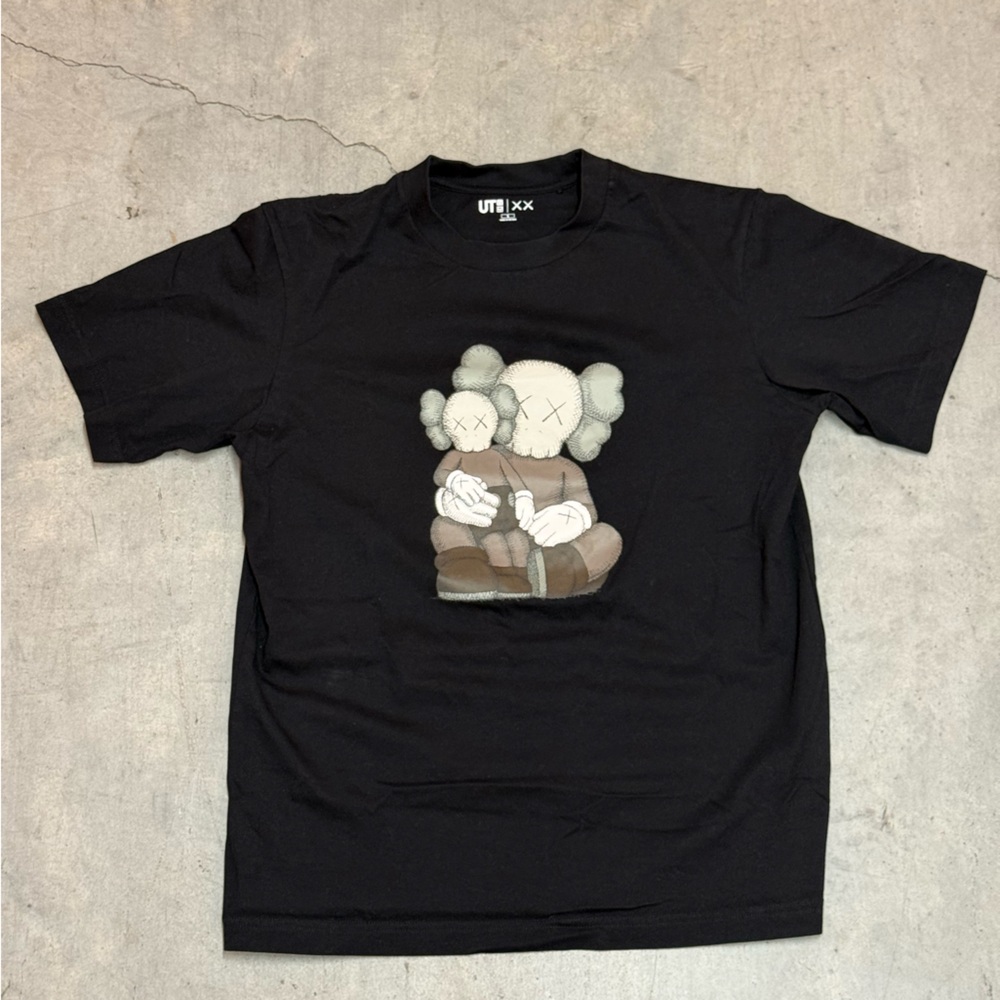 Uniqlo x Kaws Style Black Graphic Tee with Sitting Companion Print